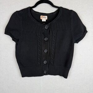 Mudd Womens Black Short Sleeve Cropped Cable Knit Button Front Cardigan Size L